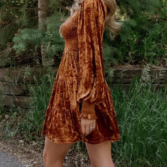 Women's Crushed Velvet Dress Long Sleeve Crew Neck Smocked A-Line Mini - Picture 4 of 6